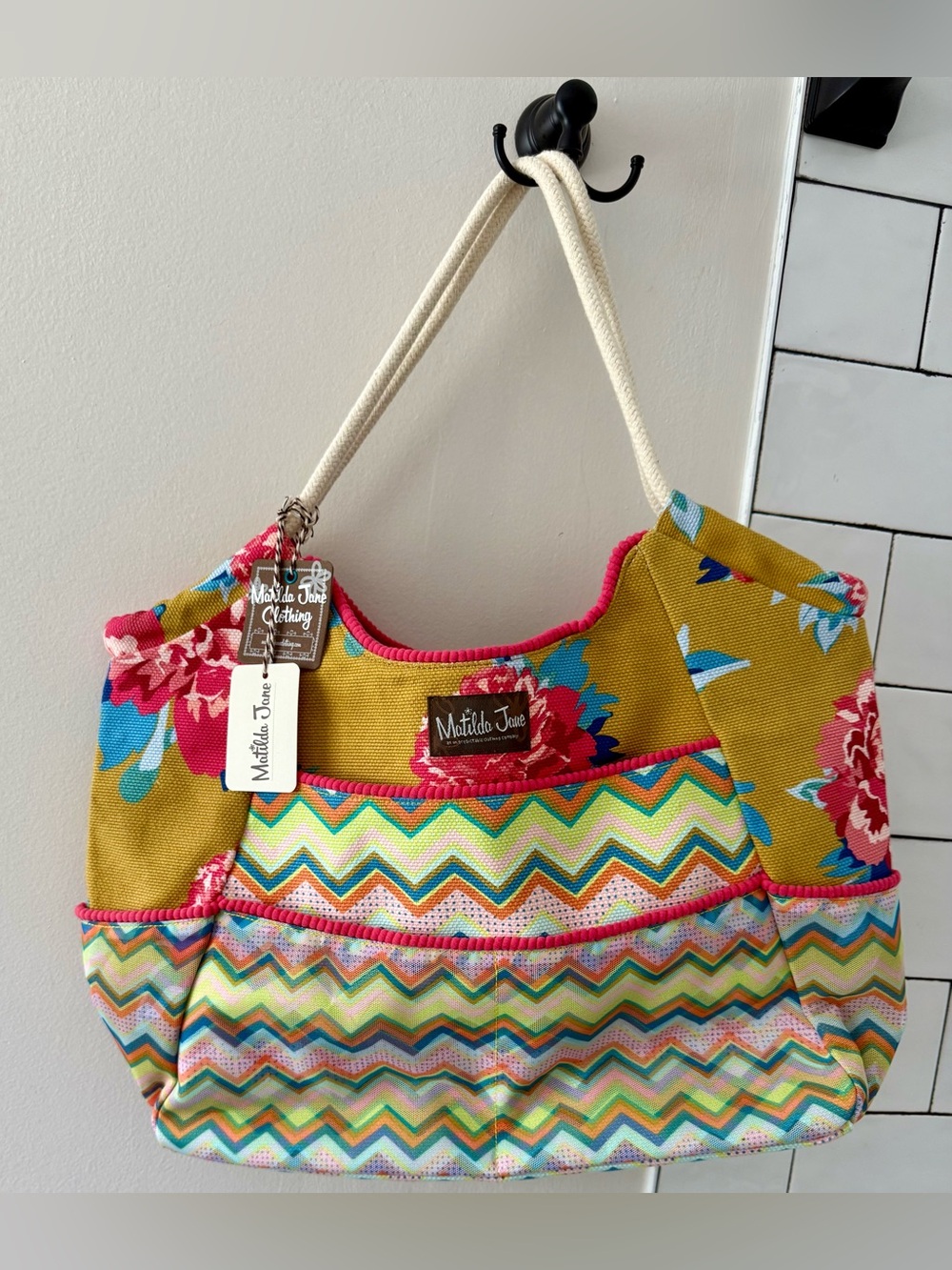 Matilda Jane Mustard Floral & Multicolor Chevron Rope-Handle Tote  nwt